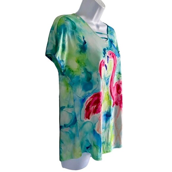 Art & Sol Colorful Flamingo Print Short Sleeve Top Women's Small NEW - Picture 3 of 10